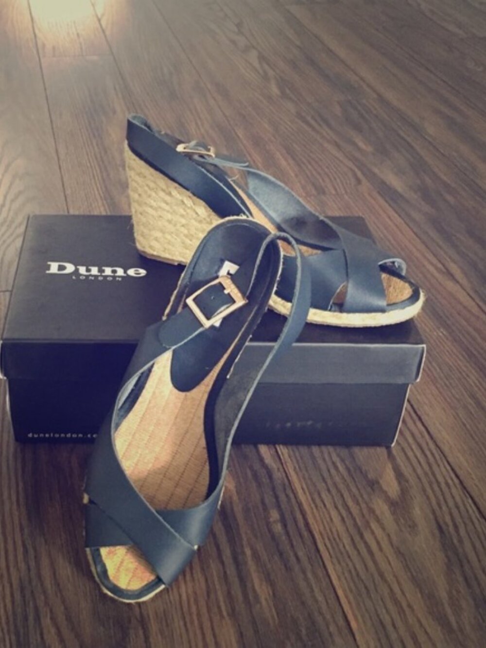 Dune London Navy Leather Twine Wedge Sandals, Gold Buckle, EU 40
